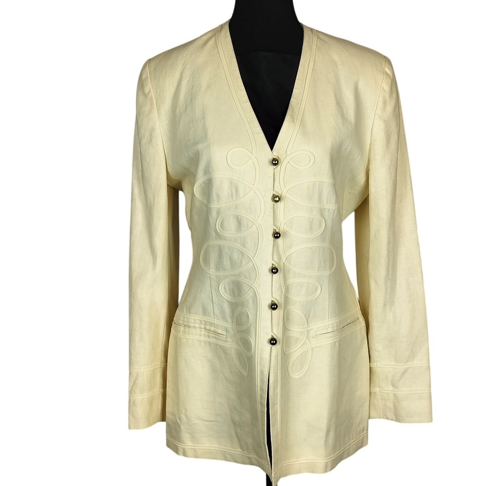 Vintage Linen Andrea Jovine Soutache Embroidered Blazer Women 12 Cream Longline